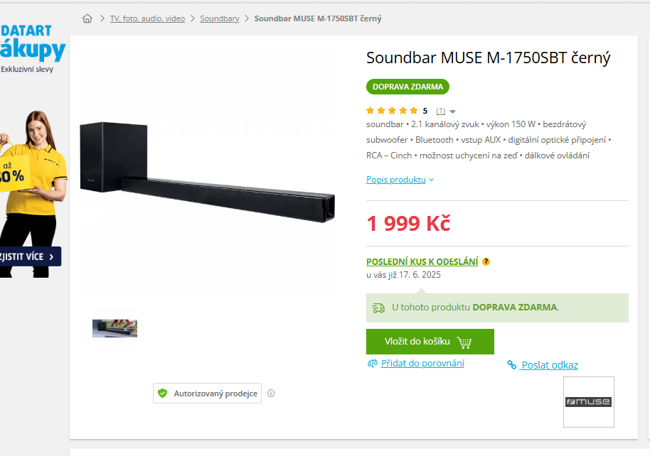 Soundbar se subwooferem Muse, 150W